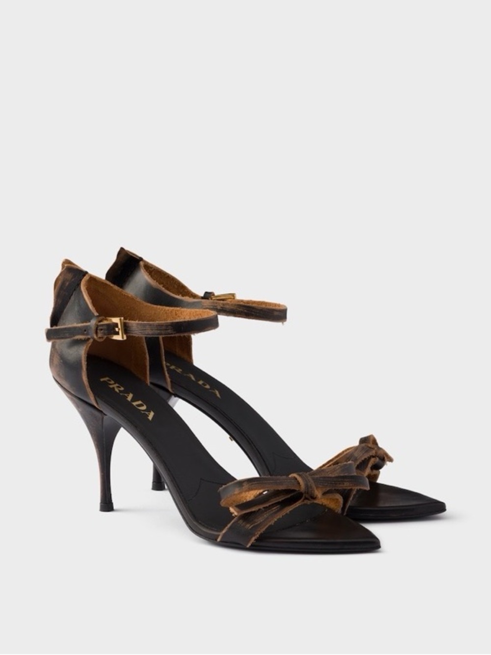Prada Black and Brown Leather Bow Ankle-Strap Heels 40